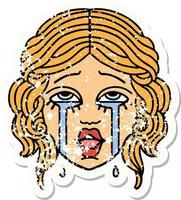 verontrust sticker tatoeëren in traditioneel stijl van een heel gelukkig huilen vrouw gezicht vector