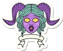 sticker van een tiefling karakter gezicht met rol banier vector