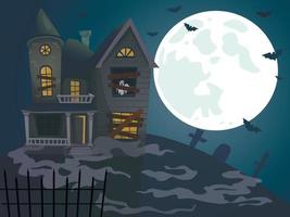 halloween achtervolgd huis Aan blauw maan achtergrond. vector illustratie.