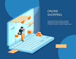 vector isometrische e-commerce spandoek. online boodschappen doen concept. Mens met aankopen wandelingen uit van laptop.