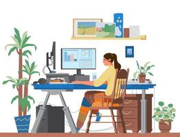 vrouw freelancer werken Bij huis Aan computer. knus creatief werkplaats thuiskantoor met planten en schilderijen. vlak vector illustratie.