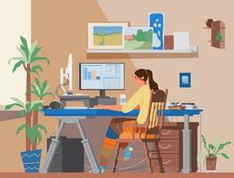 vlak vector illustratie vrouw freelancer Bij afgelegen baan Bij huis kantoor werken plaats. meisje werken of aan het studeren Bij computer Bij huis. creatief werken plaats.