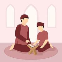 Islamitisch illustratie van vader en zoon lezing koran samen vector