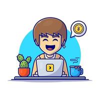 mannetje in werking laptop met koffie tekenfilm vector icoon illustratie. mensen technologie icoon concept geïsoleerd premie vector. vlak tekenfilm stijl