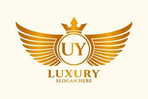 luxe Koninklijk vleugel brief uy kam goud kleur logo vector, zege logo, kam logo, vleugel logo, vector logo sjabloon.