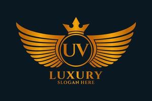 luxe Koninklijk vleugel brief uv kam goud kleur logo vector, zege logo, kam logo, vleugel logo, vector logo sjabloon.