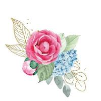 waterverf tekening. boeket, samenstelling van eucalyptus bloemen en bladeren, gouden bladeren en elementen. roze roos bloemen, pioen, blauw hortensia's. vector