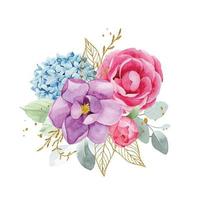 waterverf tekening. boeket, samenstelling van eucalyptus bloemen en bladeren, gouden bladeren en elementen. roze roos bloemen, pioen, blauw hortensia's. vector