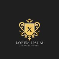 X eerste brief luxe logo sjabloon in vector kunst voor restaurant, royalty, boetiek, cafe, hotel, heraldisch, sieraden, mode en andere vector illustratie.