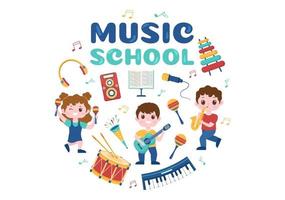 muziek- school- sjabloon in hand- getrokken tekenfilm vlak illustratie spelen divers musical instrumenten, aan het leren onderwijs muzikanten en zangers vector