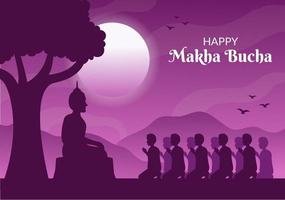 gelukkig makha bucha dag sjabloon hand- getrokken tekenfilm vlak illustratie Boeddha zittend in lotus bloem onder bodhi boom Bij nacht omringd door monnik vector