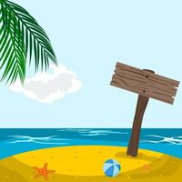 bewerkbare zomer eiland met houten teken bord in vlak stijl vector illustratie voor tekst achtergrond