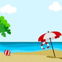 bewerkbare gemakkelijk en minimalistische zomer strand met staand paraplu, vlot, bal en palm boom vector illustratie voor tekst achtergrond