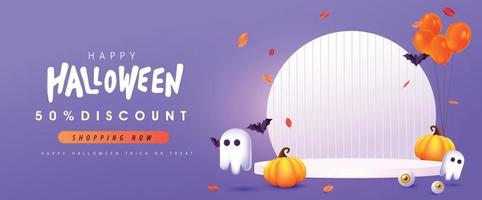 halloween achtergrond ontwerp met Product Scherm cilindrisch vorm en feestelijk elementen halloween vector