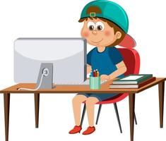 een jongen zittend in voorkant van computer vector