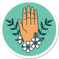 sticker van tatoeëren in traditioneel stijl van een hand- en bloem vector