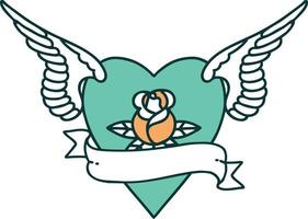 iconisch tatoeëren stijl beeld van hart met Vleugels een roos en banier vector