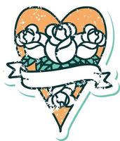 iconisch verontrust sticker tatoeëren stijl beeld van een hart en banier met bloemen vector