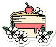 sticker van tatoeëren in traditioneel stijl van een plak van taart en bloemen vector