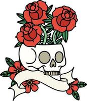 traditioneel tatoeëren met banier van een schedel en rozen vector