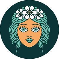 iconisch tatoeëren stijl beeld van vrouw gezicht met kroon van bloemen vector