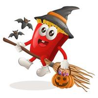 schattig Frans Patat mascotte heks met Holding halloween pompoen vector