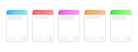 Chatbot venster ontwerp verzameling. leven babbelen Sjablonen set. klant onderhoud online vormen. virtueel assistent bot lay-outs. mobiel boodschapper app voorbeelden vector