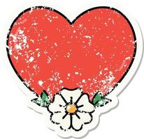 verontrust sticker tatoeëren in traditioneel stijl van een hart en bloem vector