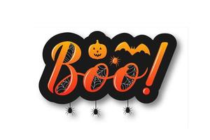 boe hand- belettering sticker met pompoen, knuppel en spinnen geïsoleerd Aan wit. gemakkelijk naar Bewerk vector sjabloon voor halloween groet kaart, banier, typografie poster, partij uitnodiging, t-shirt, enz.