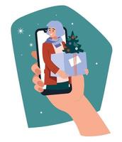 een meisje met een geschenk looks uit van de telefoon. online Gefeliciteerd. de hand- is Holding een mobiel telefoon. vector illustratie.