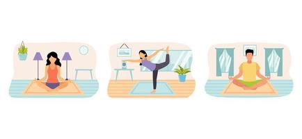 yoga meditatie tafereel vlak bundel ontwerp vector