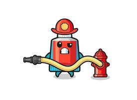 tandpasta tekenfilm net zo brandweerman mascotte met water slang vector