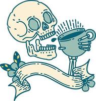 traditioneel tatoeëren met banier van een schedel drinken koffie vector