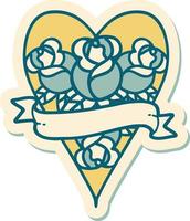 sticker van tatoeëren in traditioneel stijl van een hart en banier met bloemen vector