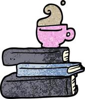 grunge getextureerde illustratie tekenfilm boeken en kop van koffie vector