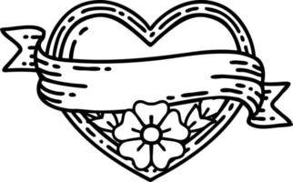 tatoeëren in zwart lijn stijl van een hart en banier met bloemen vector