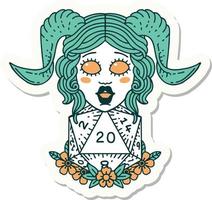 sticker van een tiefling met natuurlijk twintig Dobbelsteen rollen vector