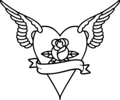 tatoeëren in zwart lijn stijl van een vliegend hart met bloemen en banier vector