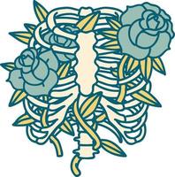 iconisch tatoeëren stijl beeld van een rib kooi en bloemen vector