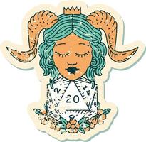 grunge sticker van een tiefling met natuurlijk twintig d20 Dobbelsteen rollen vector