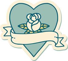 sticker van tatoeëren in traditioneel stijl van een hart roos en banier vector