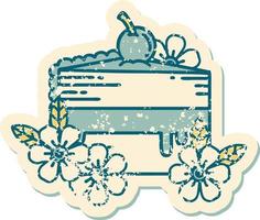 iconisch verontrust sticker tatoeëren stijl beeld van een plak van taart en bloemen vector