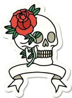 tatoeëren stijl sticker met banier van een schedel en roos vector