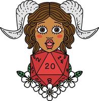 retro tatoeëren stijl tiefling met natuurlijk twintig Dobbelsteen rollen vector