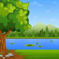 groen landschap met pijnboom bomen en meer vector