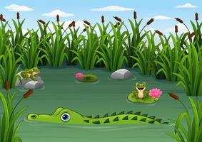 tekenfilm alligator en kikkers in de vijver vector