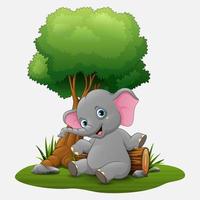 schattig baby olifant zittend onder boom vector