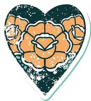 iconisch verontrust sticker tatoeëren stijl beeld van een hart en bloemen vector