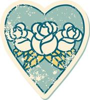 iconisch verontrust sticker tatoeëren stijl beeld van een hart en bloemen vector