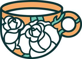 iconisch tatoeëren stijl beeld van een kop en bloemen vector